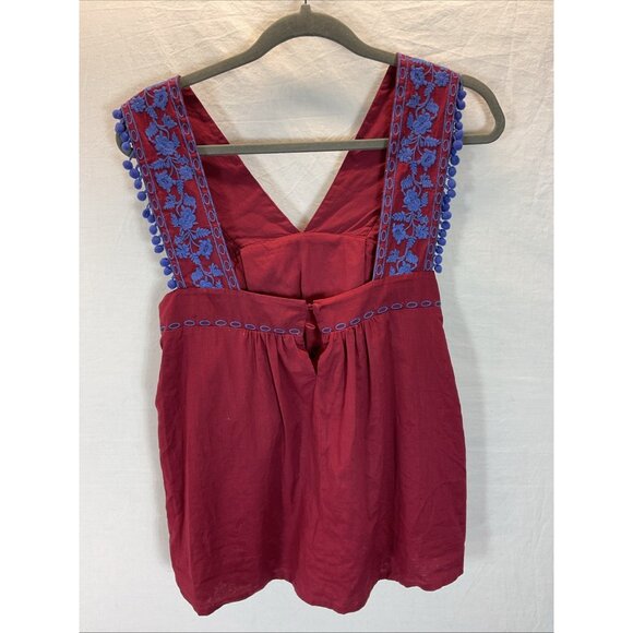 J. Crew Burgundy Size 10 Embroidered Pom Pom Tank Coastal Bohemian Summer - Picture 2 of 10